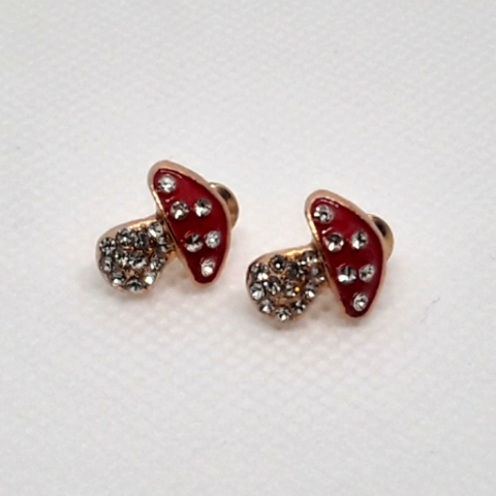Whimsical Mushroom Goldtone & Rhinestone Stud Earrings